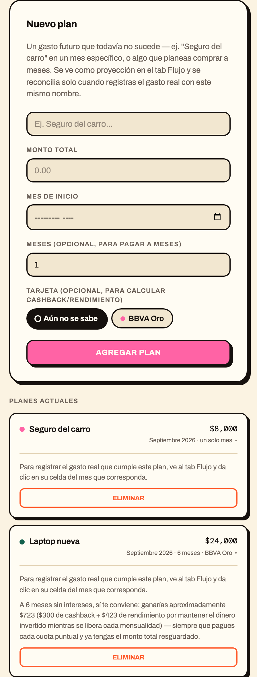 Formulario de nuevo plan en Configuración, con la lista de planes actuales y su asesoría de compra