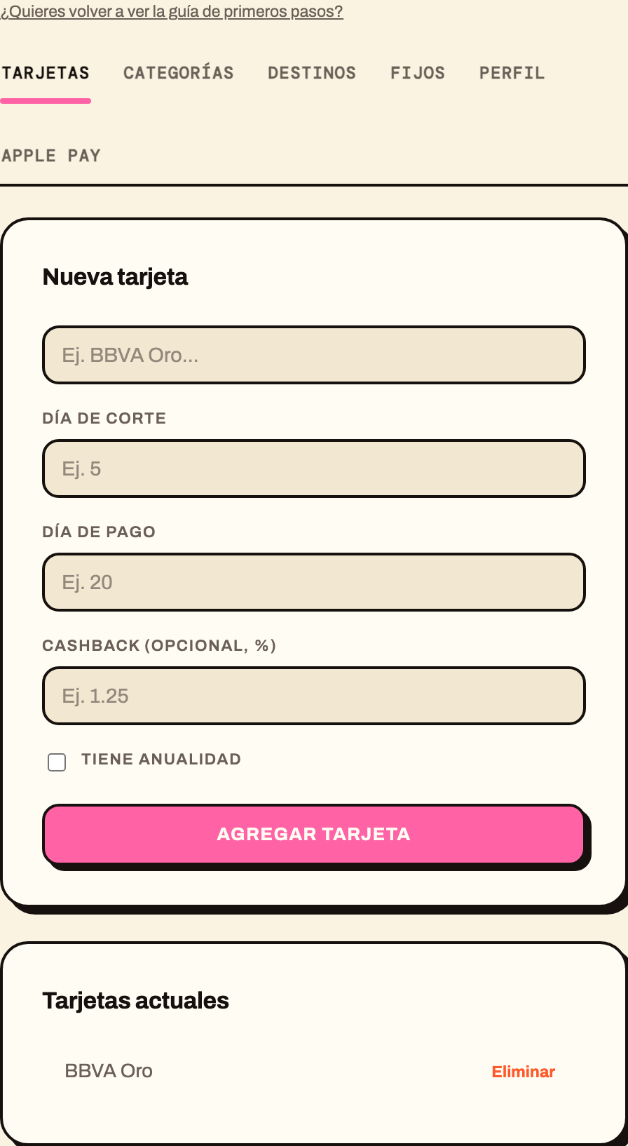 Formulario para agregar una tarjeta nueva en Configuración