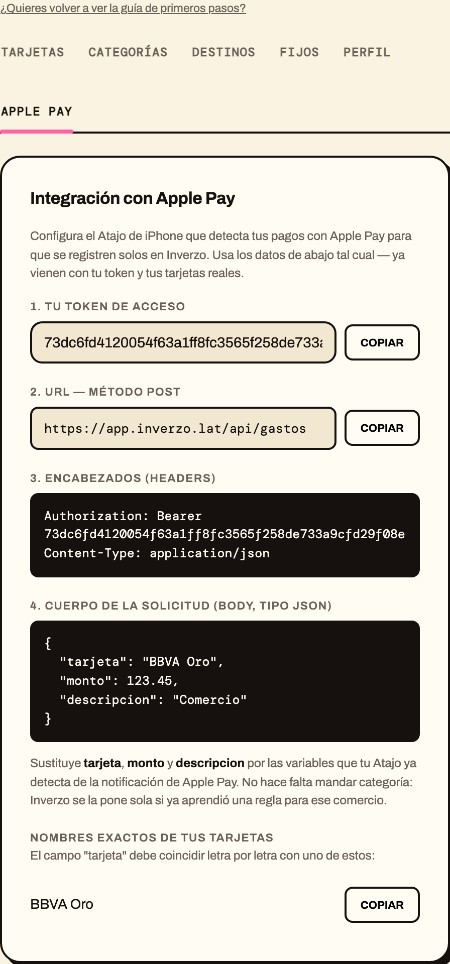 Manual de integración de Apple Pay en Configuración, con el token y la URL reales