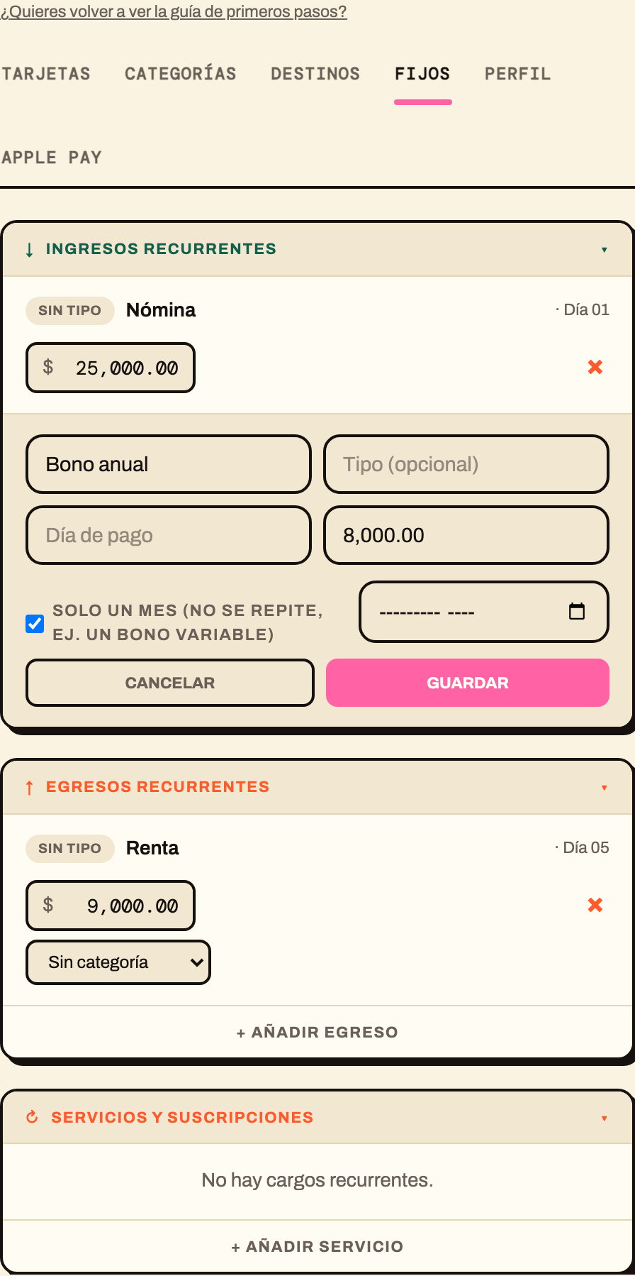 Formulario de nuevo ingreso fijo con la opción 'Solo un mes' activada