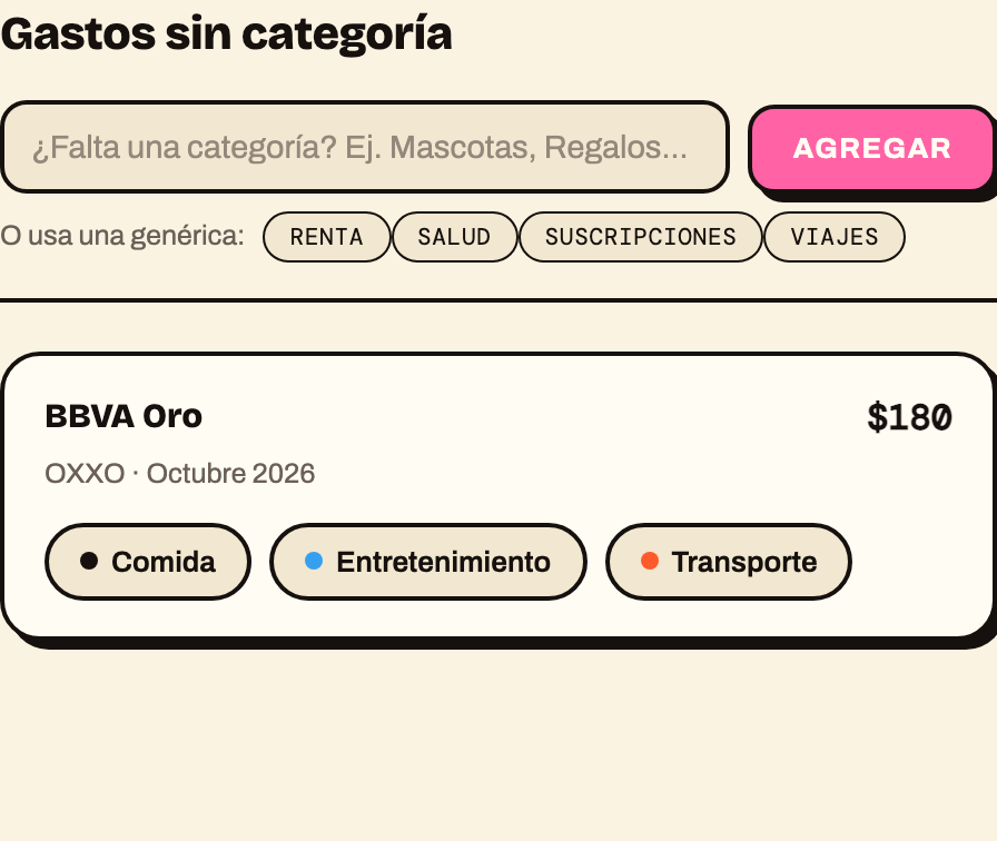 Tab Pendientes mostrando un gasto sin categoría con botones de categoría para clasificarlo
