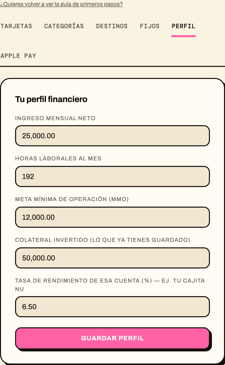 Formulario de perfil financiero en Configuración