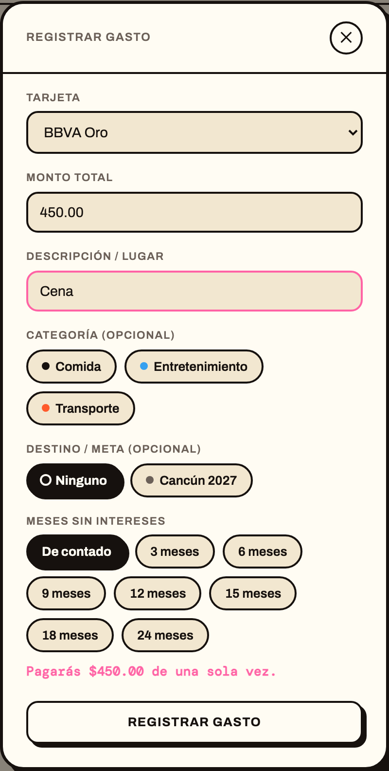 Formulario de registrar un gasto, abierto desde el botón flotante de Flujo